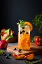 Peach tea with ice, mint and blueberry on tall glass. Vegan homemade cold healthy drink on a wooden board on a dark background