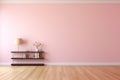 Peach wall with a large shelf with stylish accessories, with parquet wood flooring. luxury background for stand with empty copy