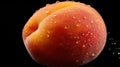 A peach with water droplets on it sitting in a black background, AI