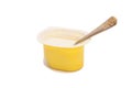 Peach yoghurt in open plastic cup with spoon Royalty Free Stock Photo