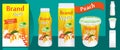 Peach Yogurt packaging design or ads. 3d illustration template various packages for yogurt products. Applicable for branding,