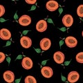 Peaches, apricots, halves with seeds and green leaves on a black background. Seamless pattern. Watercolor illustration. For