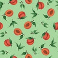 Peaches, apricots, nectarines with leaves on a soft green background. Seamless pattern. Watercolor illustration. For printing on