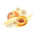 Peaches and bananas in splashes of yogurt or milkshake.