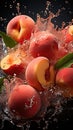 Peaches closeup view water splash