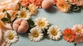 Peaches and flowers in pastel harmony, pantone, peach fuzz. Generative AI