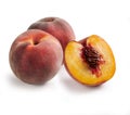 Peaches in Group of Three Ã¢â¬â Bunch of Glossy-Skinned, Smooth, Cut Open, Halved Red and Yellow Peac Royalty Free Stock Photo