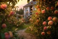 Peaches growing on a tree in the summer on village background. Garden with ripened fruits, sunset light. Delicious and healthy Royalty Free Stock Photo