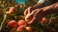 peaches on a tree, peach tree in the garden, harvest for peaches, close-up of hands picking up of peaches Royalty Free Stock Photo