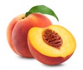 Peaches isolated. Peach and half of a peach on a white background. Fresh fruits. Royalty Free Stock Photo