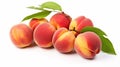 Peaches isolated. Ripe peach and half of peach on white background. Fresh fruits. Royalty Free Stock Photo