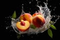 Peaches, leaves and splashes of water on a black background. AI generative