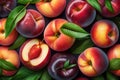 Peaches and nectarines closeup in a grocery, fruit background. Generative AI Royalty Free Stock Photo