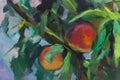 Peaches oil painting. Ripe juicy fragrant peaches on a branch in the garden