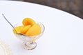 Peaches in a plate on the table Royalty Free Stock Photo