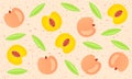 Peaches seamless pattern for packaging and background. Whole and sliced peaches with leaves, fruit shabby background. Food, vector