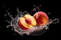 Peaches and splashes of water on a black background. AI generative