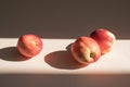 Peaches in sunlight. Minimalism, trendy still life with shadow