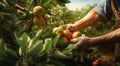 peaches on a tree, peach tree in the garden, harvest for peaches, close-up of hands picking up of peaches Royalty Free Stock Photo