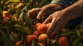 peaches on a tree, peach tree in the garden, harvest for peaches, close-up of hands picking up of peaches Royalty Free Stock Photo