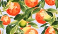 Peaches on twig with leaves and flowers pattern. Hand drawn sweety fruits backdrop. For postcard, book illustration. Created with Royalty Free Stock Photo