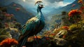 peacock bird in forest. Portrait Peacock, Peafowl or Pavo cristatus, live in a forest. generative ai