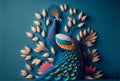 peacock on branch wallpaper. colorful flowers 3d mural background. wall canvas poster art Royalty Free Stock Photo