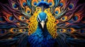 peacock with bright feathers against a black background, with rainbows Royalty Free Stock Photo