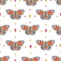 Peacock butterflies and hearts on a white background. Watercolor drawing. Insects art. Handwork. Seamless pattern for design