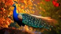 Peacock with colorful feathers on the background of the autumn forest Royalty Free Stock Photo
