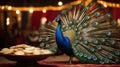 Elegant Peacock Displaying Plumage with Bread Plate in Festive Setting, a Majestic Moment Royalty Free Stock Photo
