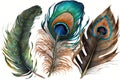 Peacock feathers watercolor, Close up predator animals wildlife. ultra high resolution, Isolated on White Background Royalty Free Stock Photo