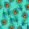 Peacock feathers in winter time with snowflakes falling, seasonal seamless pattern. Floral ornamental texture for different prints