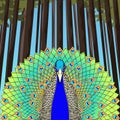 Peacock with flowing tail on the background of trees and forests, colorful cartoon drawing, stylized picture. Beautiful blue green