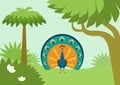 Peacock flowing tail flat design cartoon vector wild animal bird