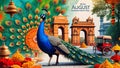 Peacock in front of Indian Independence Day decorations and Gateway of India arch Royalty Free Stock Photo