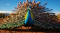 A peacock with its tail feathers spread out. Generative AI. Royalty Free Stock Photo