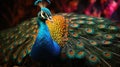 A peacock with its tail feathers spread out. Generative AI. Royalty Free Stock Photo