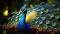 A peacock with its tail feathers spread out. Generative AI. Royalty Free Stock Photo