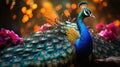 A peacock with its tail feathers spread out. Generative AI. Royalty Free Stock Photo