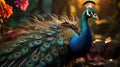 A peacock with its tail feathers spread out. Generative AI. Royalty Free Stock Photo