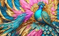 Peacock with multicolored tail as abstract colorful background. Peacock abstract wallpaper. Generative Ai