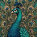Peacock with open feathers - close-up view. Abstract peacock against the background of its tail Royalty Free Stock Photo