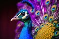 Peacock with open tail. Close up shot of a peacocks colorful plumage. Generative AI Royalty Free Stock Photo