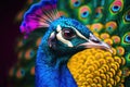 Peacock with open tail. Close up shot of a peacocks colorful plumage. Generative AI Royalty Free Stock Photo