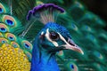 Peacock with open tail. Close up shot of a peacocks colorful plumage. Generative AI Royalty Free Stock Photo