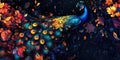 A peacock, resplendent in iridescent plumage, displays a breathtaking array of colors, creating a dazzling spectacle against a