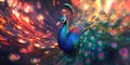 A peacock, resplendent in iridescent plumage, displays a breathtaking array of colors, creating a dazzling spectacle against a