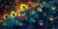 A peacock, resplendent in iridescent plumage, displays a breathtaking array of colors, creating a dazzling spectacle against a