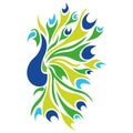 Peacock silhouette drawn in blue, yellow, green color with various lines in a flat style. Tattoo, bird logo, emblem for the design